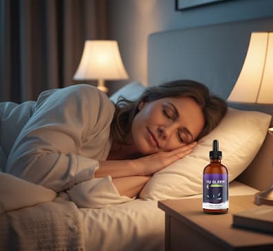 Yu Sleep bottle on nightstand next to woman sleeping peacefully